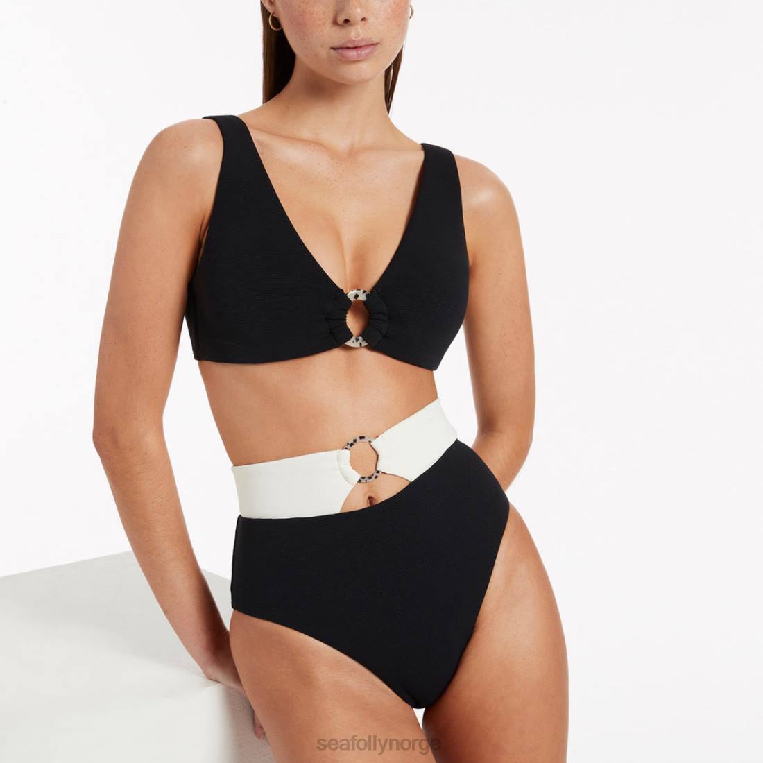 badetøy Seafolly versa ribbet bikiniunderdel med høy midje svart/kremfarget kvinner D86N467