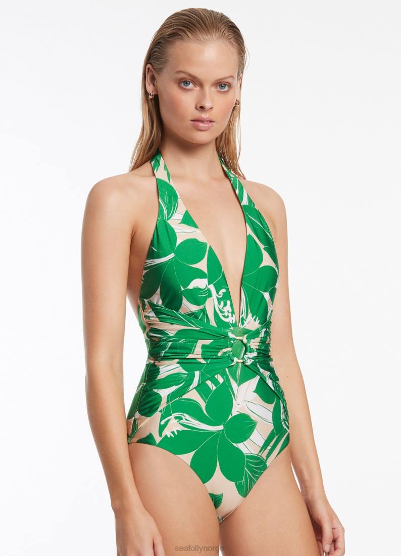 badetøy Seafolly floreale stupe ett stykke grønn kvinner D86N144