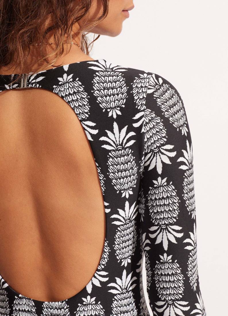 badetøy Seafolly corsica v-hals langermet surfedrakt svart kvinner D86N124