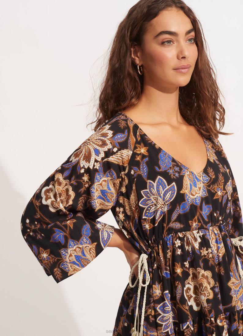 klær Seafolly silke road tier mini kjole svart kvinner D86N687